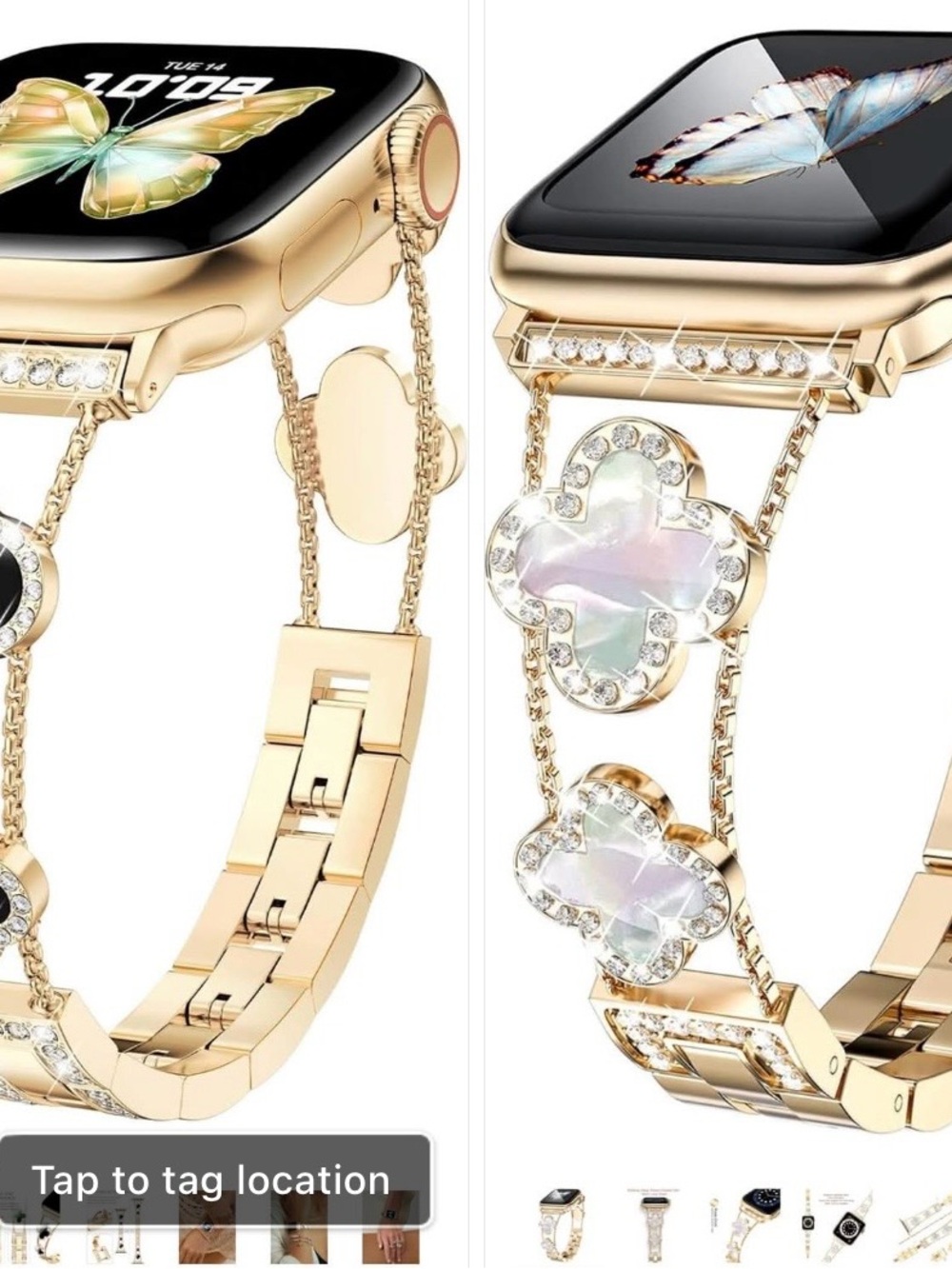Gold Tone Crystal & Black Clover Apple Watch Band